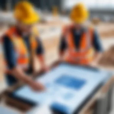 Collaboration Through Technology in Construction Construction team reviewing plans with software on tablet