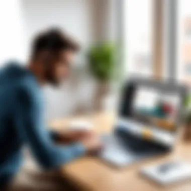 Insightful User Experiences with Remote Work Tools A user reviewing work from home tools on a laptop with thoughtful engagement