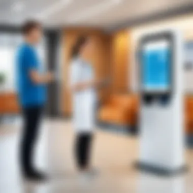 Patient interacting with a self-service kiosk in a medical facility