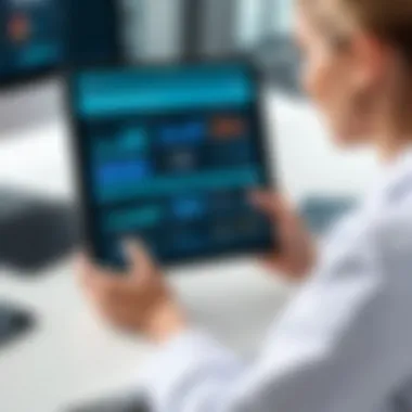 Healthcare Professional Using Pediatric EMR Software Healthcare professional interacting with pediatric EMR software on a tablet.