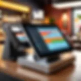 A sleek POS terminal in a bustling restaurant setting