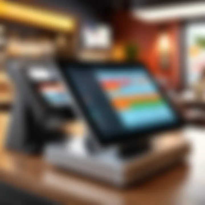 A sleek POS terminal in a bustling restaurant setting