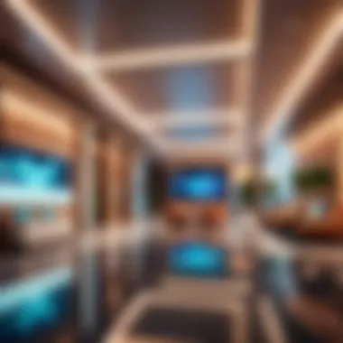 A futuristic hotel lobby featuring smart technology integration